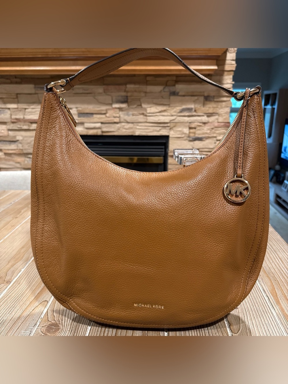 Michael Kors Lydia Large Hobo Shoulder Bag Acorn Brown Pebbled Leather Gold MK